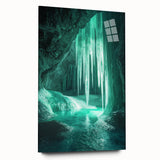 Acrylic glass artwork showcasing a stunning landscape scene with intricate cave formations and vibrant colors, displayed from a side view without pins, perfect for modern decor.