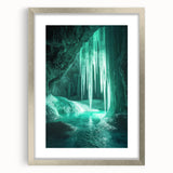 Framed landscape artwork showcasing a serene cave scene with silver matting, perfect for modern home decor. Ideal for enhancing living spaces with nature-inspired themes.