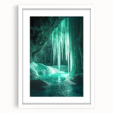 Framed landscape artwork featuring a cave scene with vibrant colors, displayed in a white mat for an elegant finish, ideal for home decor or gallery exhibitions.