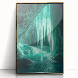 Framed acrylic artwork depicting a stunning cave landscape with golden accents, showcasing intricate details and vibrant colors, perfect for enhancing home decor.