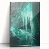 Framed acrylic artwork showcasing a stunning landscape with intricate cave details, featuring a silver frame that enhances the visual impact and complements modern decor.