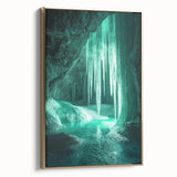 Framed canvas artwork depicting a stunning landscape scene featuring caves, accented with a golden frame, ideal for enhancing home decor aesthetics.