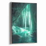 Framed canvas artwork showcasing a stunning landscape of caves with intricate details, featuring a sleek silver frame that enhances the visual appeal. Perfect for modern decor.