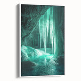 Framed canvas artwork depicting a scenic landscape with intricate cave formations, presented in a sleek white frame, enhancing any room's decor.