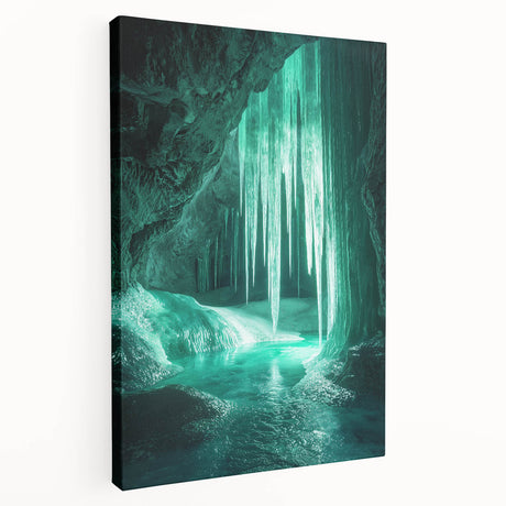 Stretched canvas artwork depicting a vibrant landscape scene with intricate cave formations, showcasing rich colors and textures, perfect for home decor.