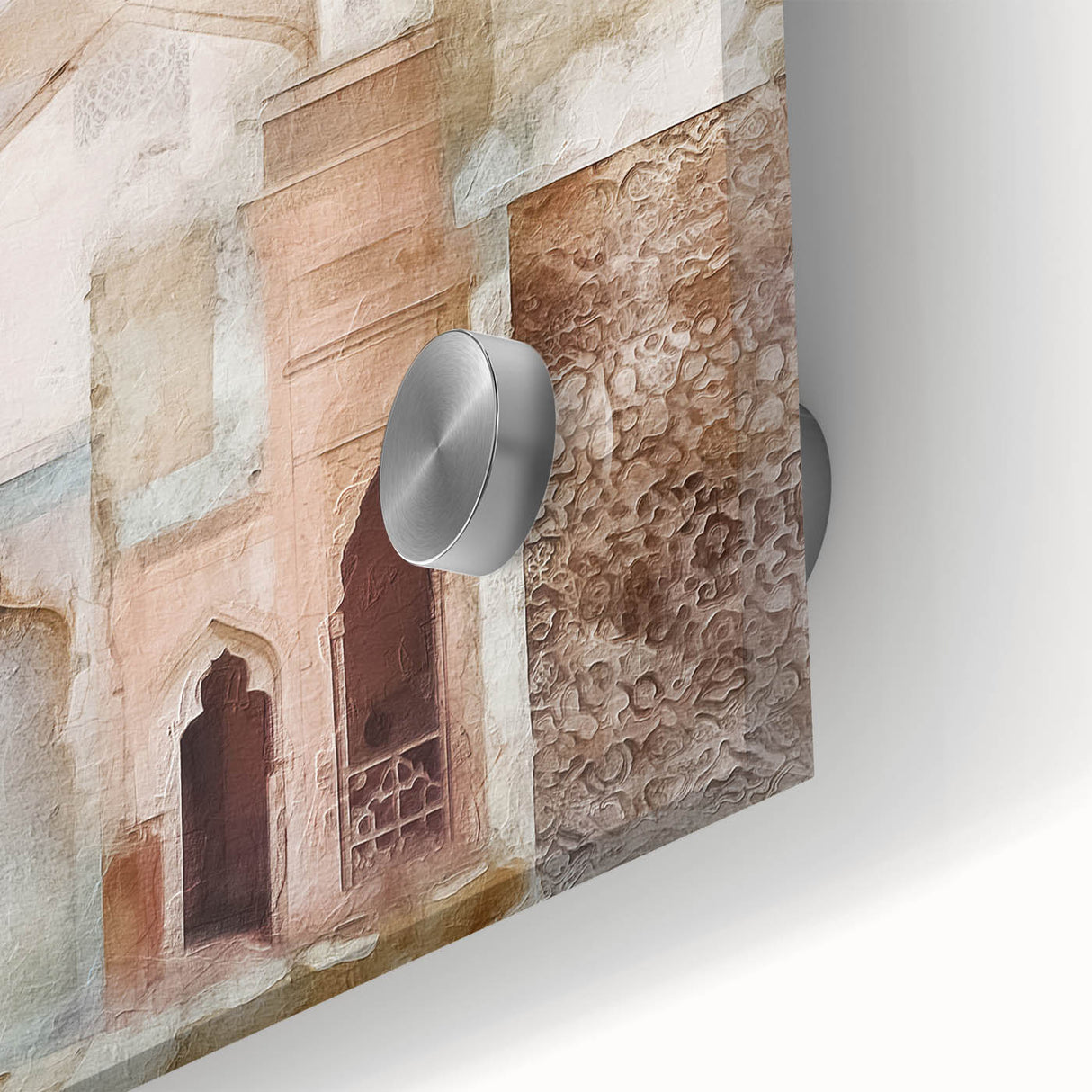 Close-up of abstract architecture wall art, showcasing intricate geometric patterns and vibrant colors on acrylic glass, perfect for modern home decor.