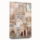 Abstract architectural wall art displayed in an acrylic glass frame, showcasing geometric patterns in bold colors, mounted with stylish pins for a modern touch.