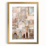 Abstract architectural wall art framed with a gold mat, showcasing geometric shapes and lines in neutral tones, perfect for modern decor and aesthetic enhancement.