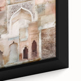 Close-up of framed abstract architecture wall art featuring geometric shapes in vibrant colors, showcasing intricate textures and modern design elements.
