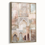 Framed abstract architecture wall art showcasing a gold color palette, elegantly displayed from the side, ideal for modern home decor and interior design inspiration.