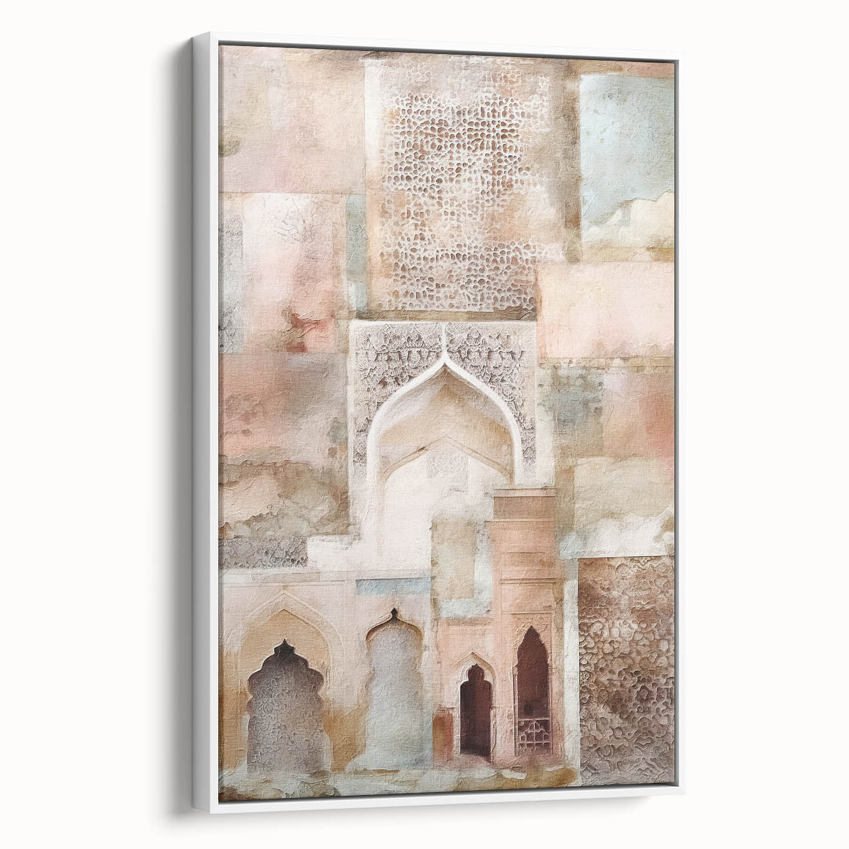 Framed abstract architecture wall art showcasing a dynamic geometric design in muted tones, displayed in a white frame, ideal for modern home decor.