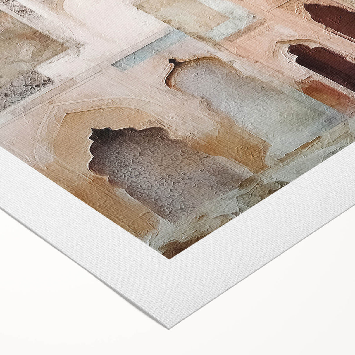 Abstract canvas wall art depicting modern architectural elements in vibrant colors, showcasing geometric shapes and lines, perfect for contemporary decor.