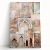 Abstract architectural wall art on stretched canvas, showcasing a modern design with geometric shapes and cool tones, elegantly leaning against a wall for display.