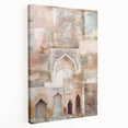 Abstract architectural wall art on stretched canvas showcasing geometric shapes in bold colors, presented from a side view to highlight depth and texture.