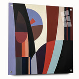 Abstract geometric acrylic glass design viewed from the side, showcasing vibrant colors and intricate shapes, secured with decorative pins for a modern aesthetic.