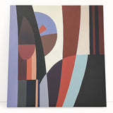 Abstract geometric stretched canvas artwork showcasing vibrant colors and dynamic shapes, leaning against a neutral wall, ideal for modern interior decor.