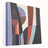 Abstract geometric stretched canvas artwork showcasing bold shapes in vibrant colors, ideal for modern home decor. Side view highlights the canvas texture and depth.
