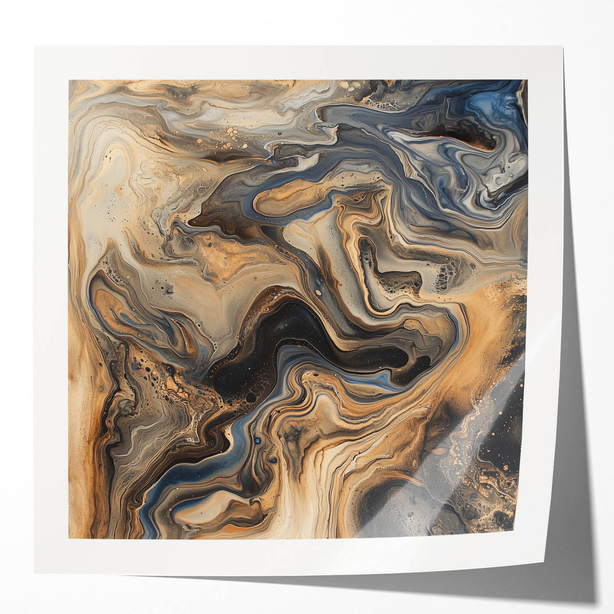 Colorful abstract splatter art print mockup on glossy canvas, showcasing vibrant hues of blue, pink, and yellow, ideal for modern home decor and design inspiration.