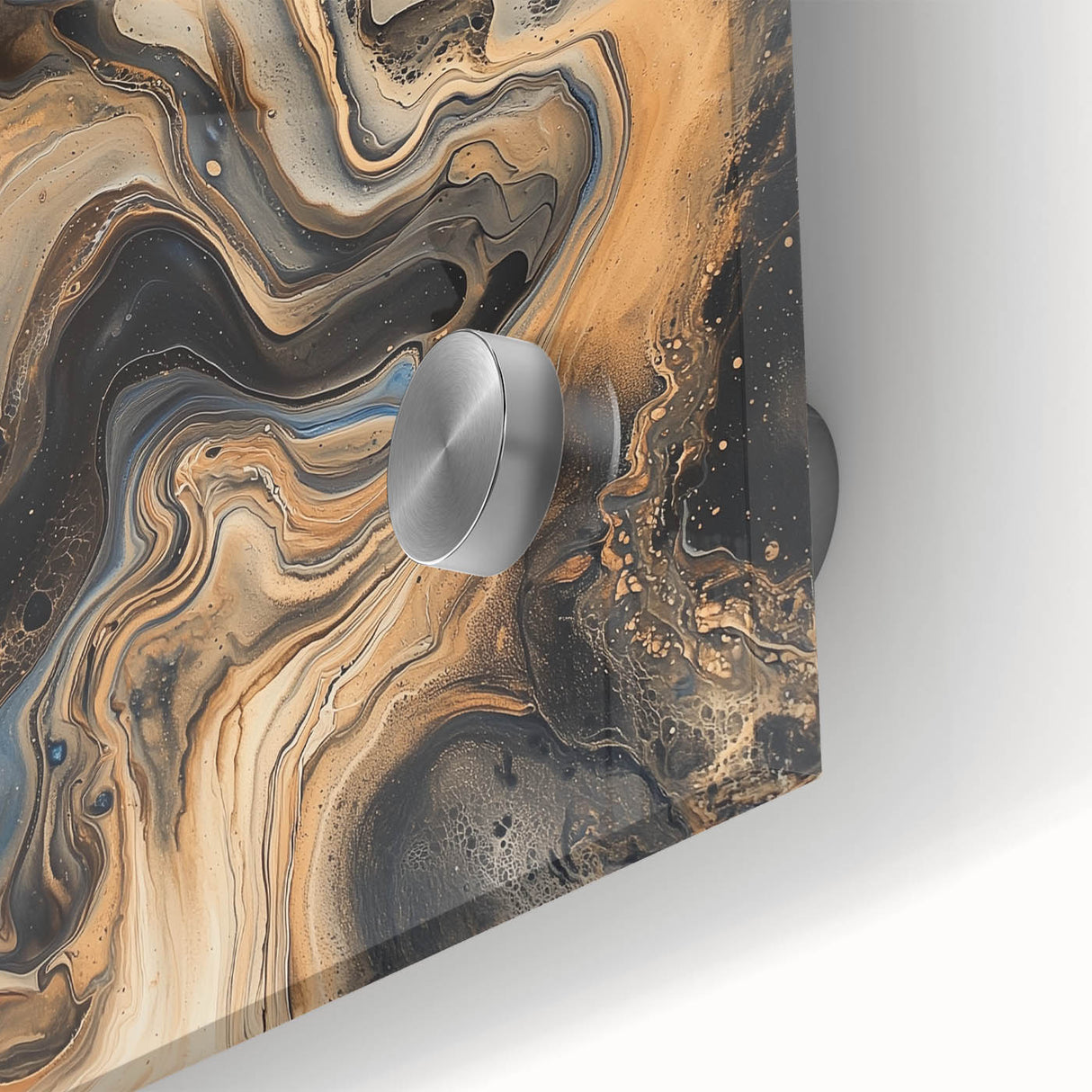 Abstract acrylic splatter artwork in vibrant shades of blue, pink, and gold on glass, showcasing a dynamic close-up view of its textured surface and bold colors. Perfect for modern home decor.