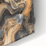 Abstract acrylic splatter artwork in vibrant shades of blue, pink, and gold on glass, showcasing a dynamic close-up view of its textured surface and bold colors. Perfect for modern home decor.