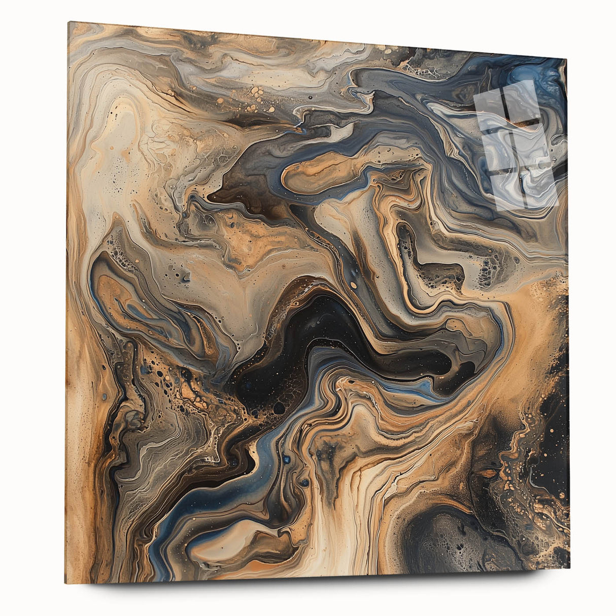 Abstract acrylic glass artwork showcasing vibrant splatters in a side view, highlighting the dynamic colors and textures, perfect for modern decor.