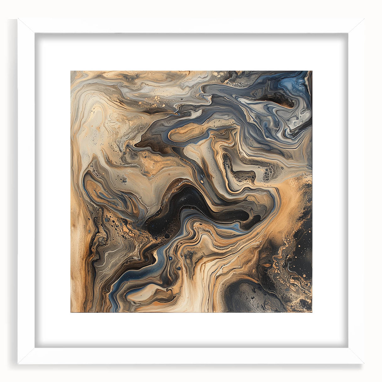 Abstract splatter art frame with a white mat, showcasing vibrant colors and dynamic patterns, perfect for modern home decor or artistic display.