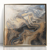 Framed acrylic artwork showcasing vibrant abstract gold splatters on a sleek black background, perfect for modern home decor and artistic expression.