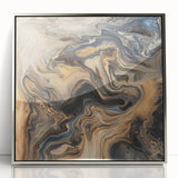 Framed acrylic artwork displaying abstract silver splatters on a sleek surface, ideal for modern home décor or office spaces, enhancing contemporary aesthetics.