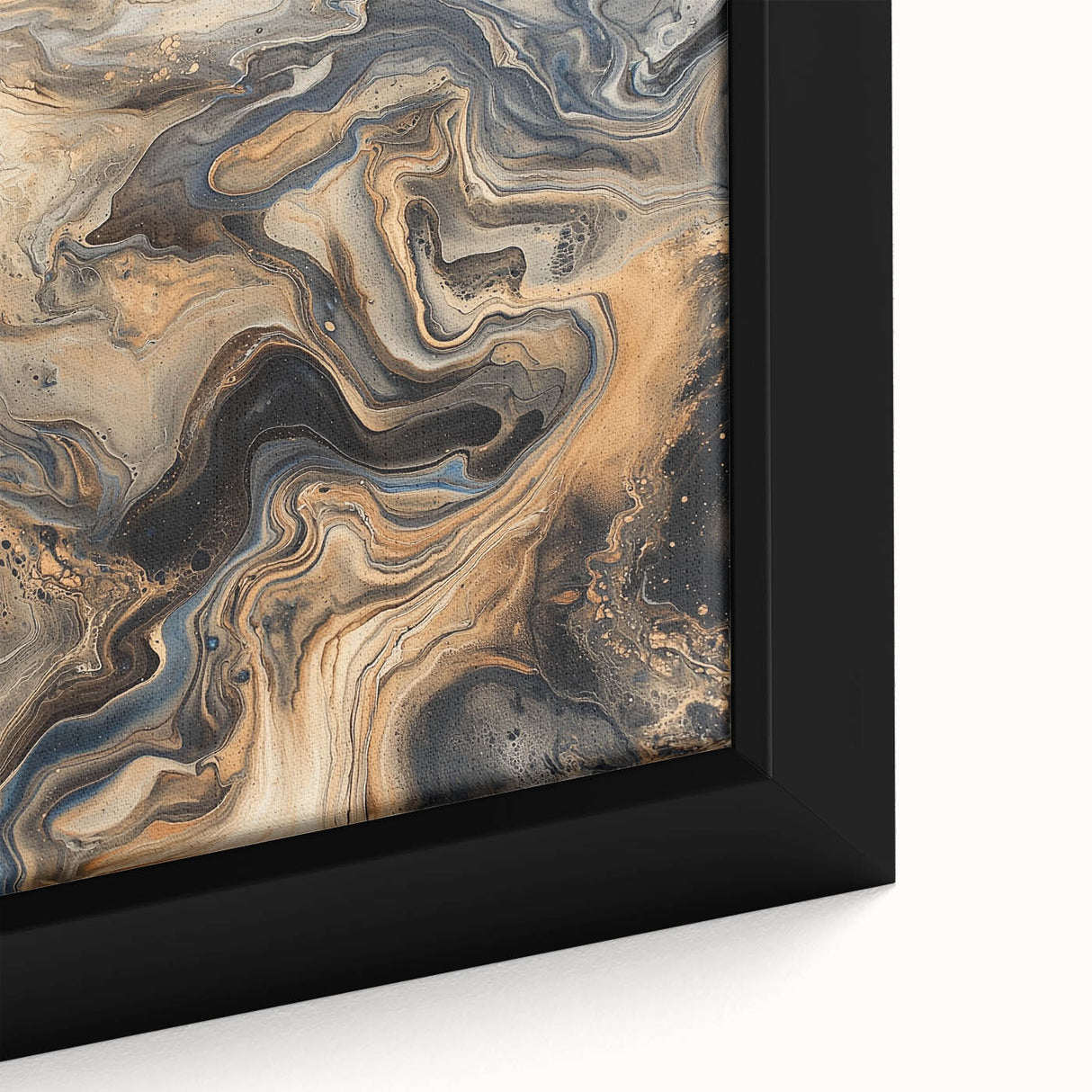 Close-up of a framed abstract canvas artwork showcasing vibrant paint splatters in blue, orange, and yellow hues, adding a modern touch to any decor.