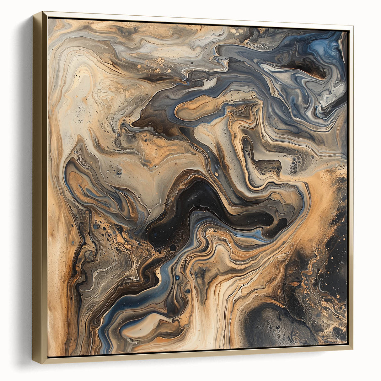 Framed canvas artwork showcasing an abstract design with silver and gold splatters, set against a textured background, perfect for modern home decor.