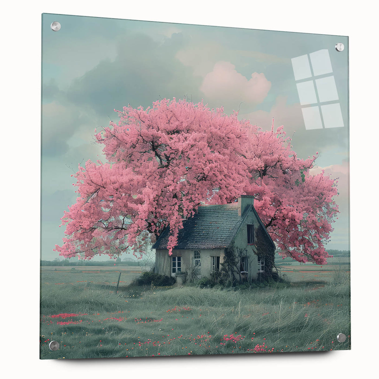 Acrylic print of large abstract wall art depicting cottages, in muted earth tones, ideal for bedroom or dining room decor.