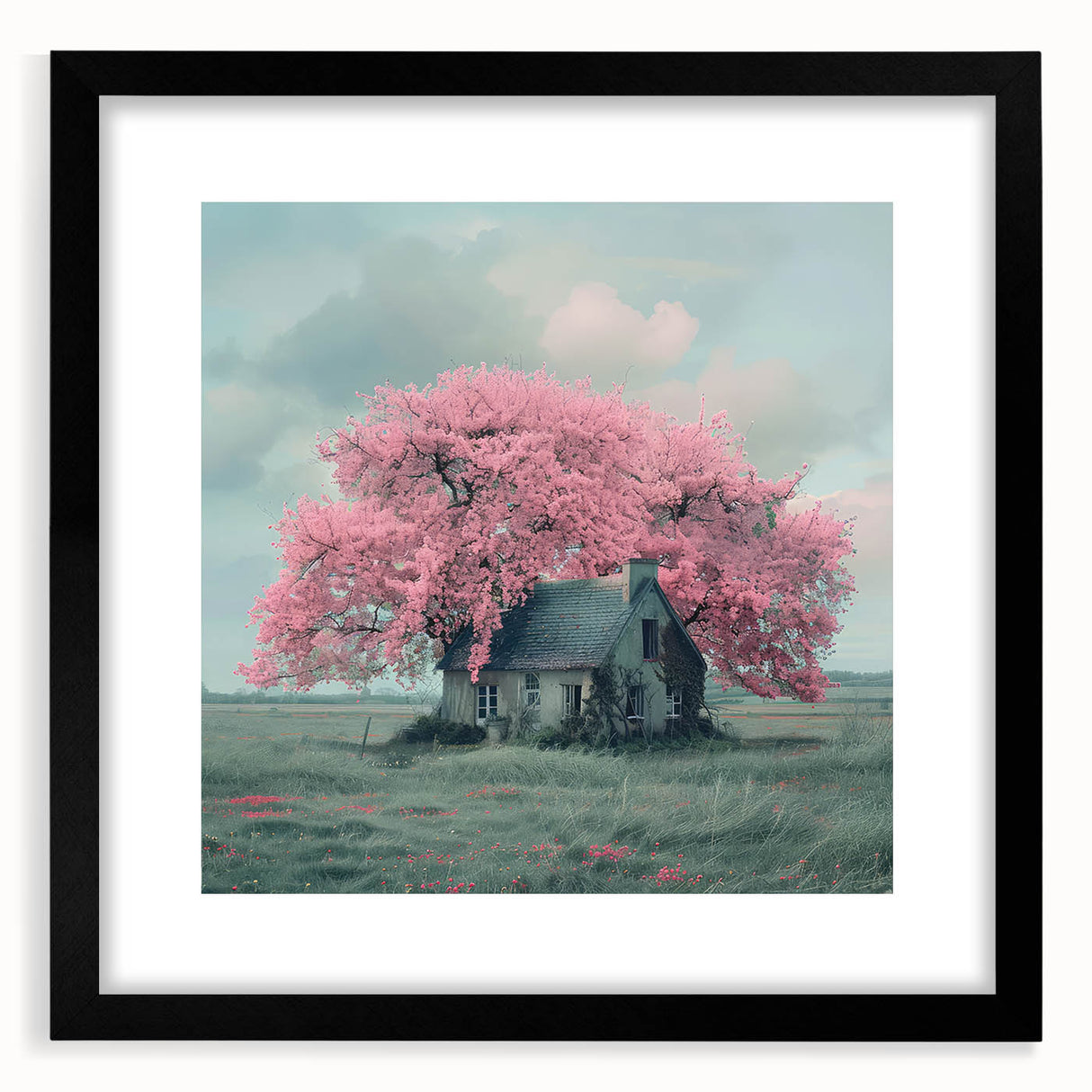 Extra large abstract art print of colorful, textured cottages on a black framed canvas, ideal for living room decor.
