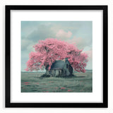 Extra large abstract art print of colorful, textured cottages on a black framed canvas, ideal for living room decor.