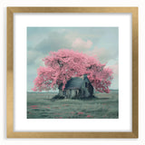 Textured abstract art print of cottages in muted earth tones on a framed canvas.