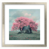 Textured art of abstract cottages in muted earth tones on a framed silver mat, ideal for bedroom wall decor.