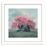 Abstract art print of geometric cottages in muted earth tones on a white framed mat, suitable for dining room or bedroom.