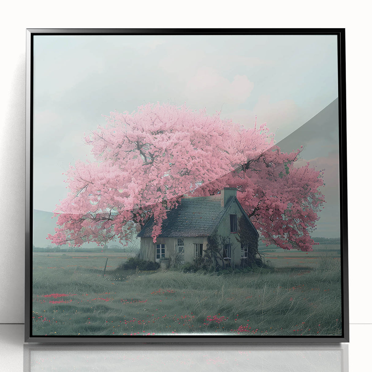 Large abstract wall art depicting geometric cottages in muted earth tones on a framed acrylic.