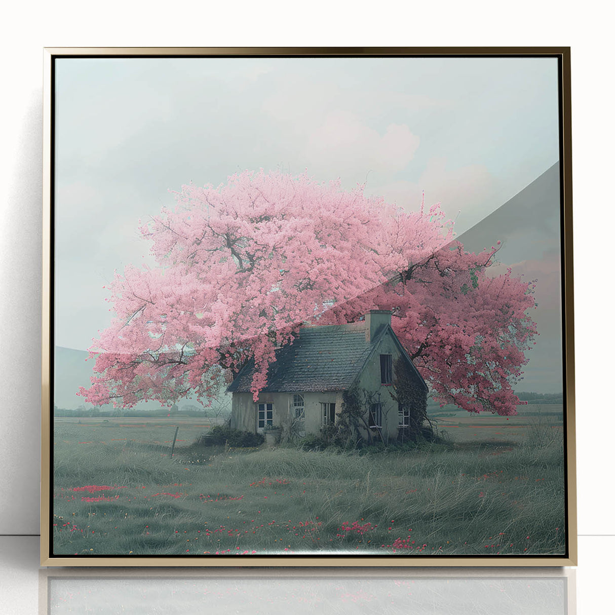 Framed acrylic print featuring mid-century modernist cottages in muted earth tones, ideal for modern art wall decor.
