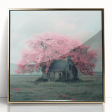 Framed acrylic print featuring mid-century modernist cottages in muted earth tones, ideal for modern art wall decor.