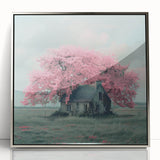 Mid-century modernist art depicting cottages in muted earth tones, framed in silver acrylic, suitable for nursery wall art.