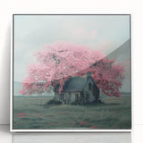 Art deco poster featuring a row of stylized white cottages on a framed acrylic, ideal for nursery wall art.