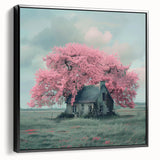 Black and white vintage poster art depicting quaint cottages on a framed canvas, suitable for bedroom wall decor.