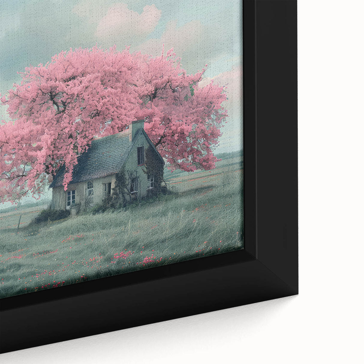 Extra large framed canvas featuring a close-up of black textured cottages with colorful accents, ideal for living room decor.