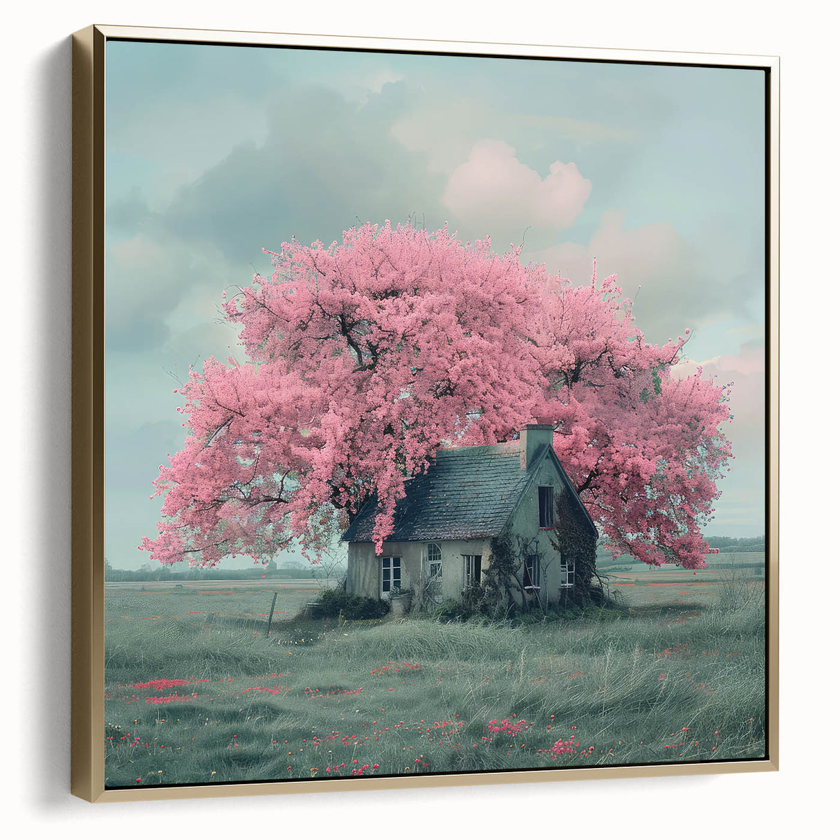 Framed canvas depicting a vintage-style landscape with cottages in silver and gold tones, suitable for bedroom wall art.