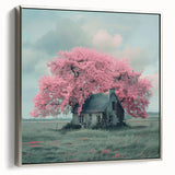 Framed canvas featuring a landscape art painting of vintage cottages in muted gray and colorful accents.