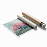 Extra large rolled print of a floral art piece depicting vibrant, colorful cottages, ideal for classy bathroom wall art.