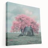 Side view of a stretched canvas depicting cottages in muted earth tones, suitable for kitchen wall art.