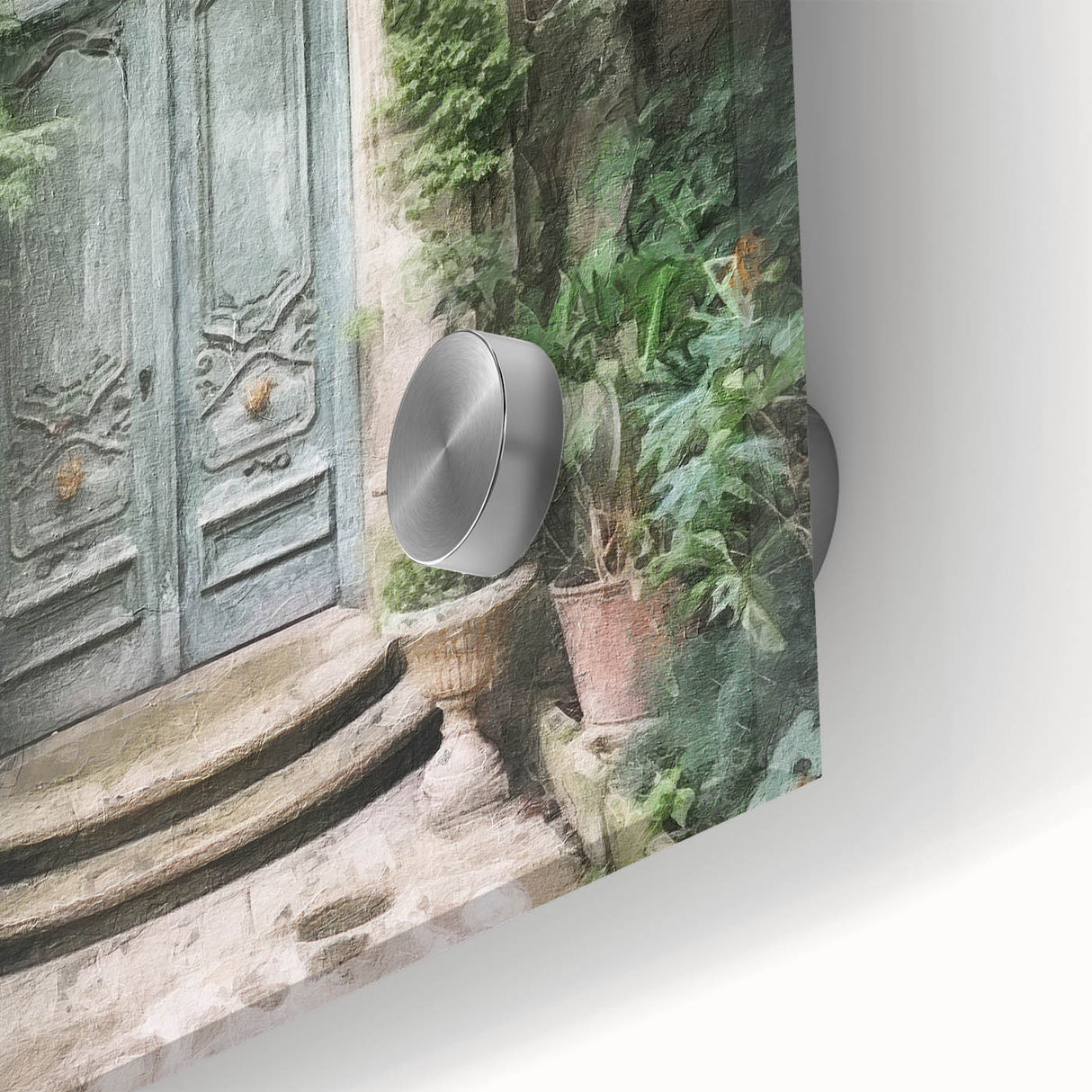 Mid-century modernist acrylic glass art featuring a close-up of a French door, ideal for dining room art.