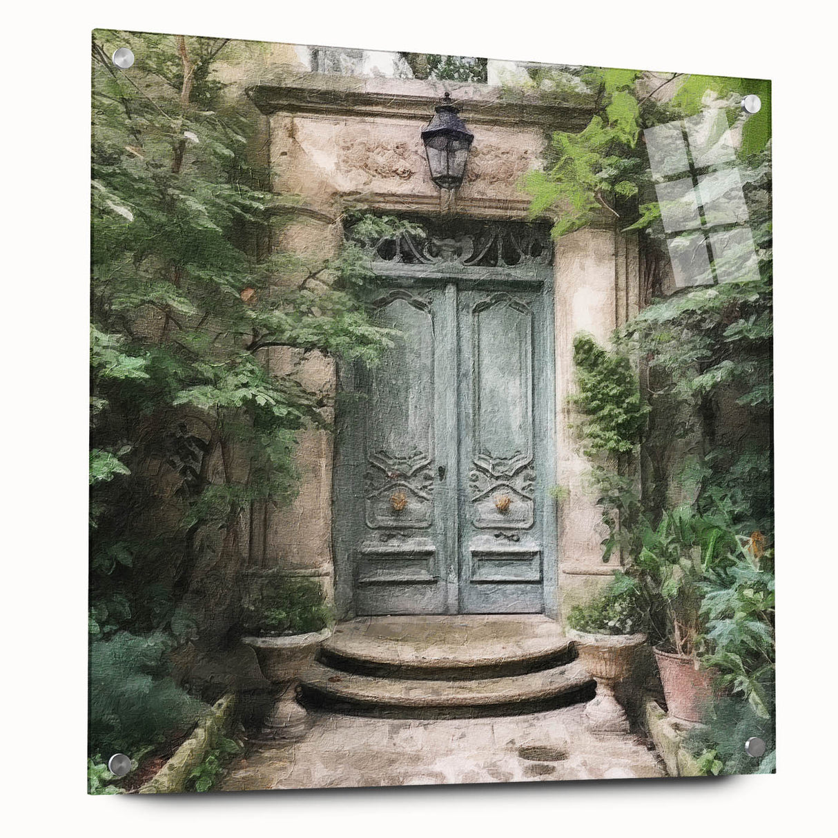 Acrylic print of a large abstract depiction of a French door architecture in muted beige and cream tones.