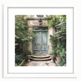 Abstract art print of a French door architecture in black and white, framed with a white mat, ideal for dining room decor.